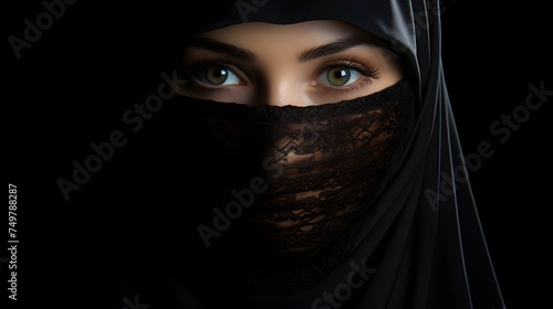 Portrait of young beautiful Muslim woman in niqab on black background