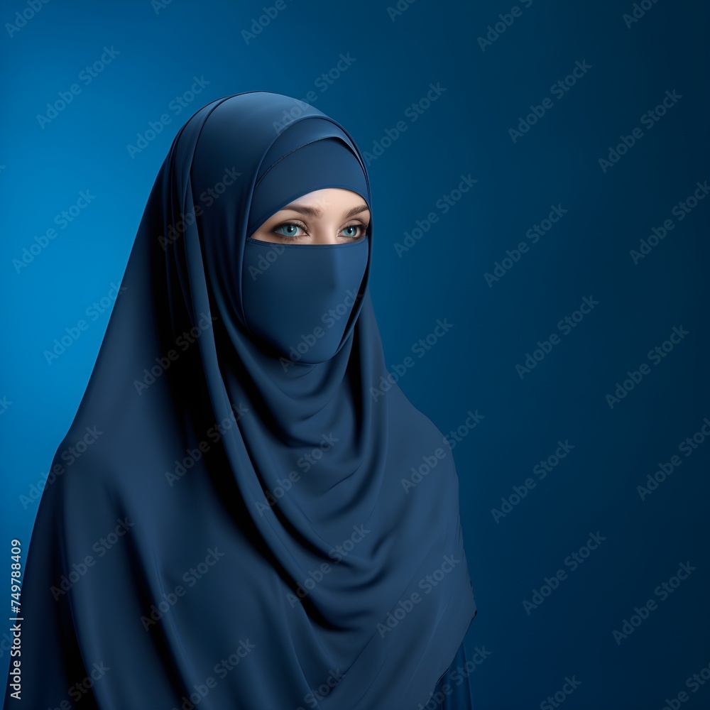 Portrait of young beautiful Muslim woman in niqab on blue background Portrait of young beautiful Muslim woman in niqab on blue background