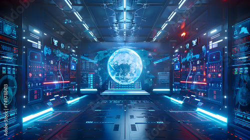 Fototapeta Naklejka Na Ścianę i Meble -   Futuristic Spaceship interior with blue and red neon lights and planet earth