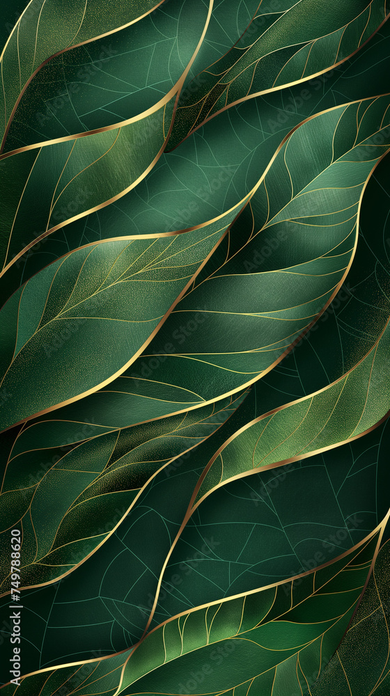 Obraz premium Green leaves with gold veins on a dark background. 