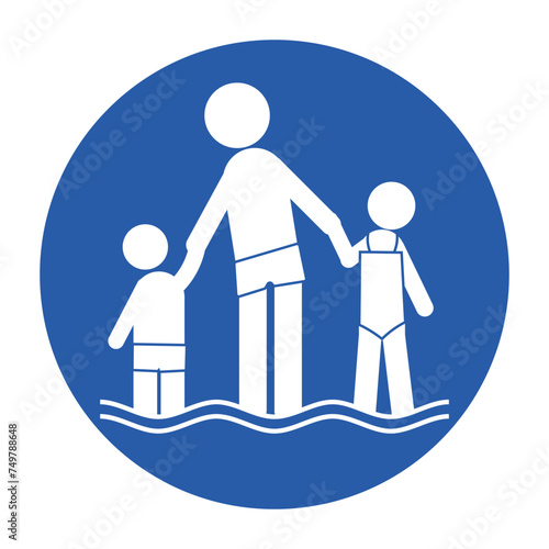 Blue round sign parent hold children in water for supervise kid on swimming pool
