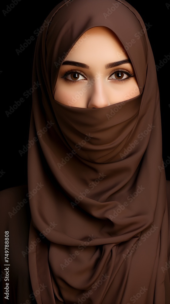 Portrait of young beautiful Muslim woman in niqab on brown background Portrait of young beautiful Muslim woman in niqab on brown background