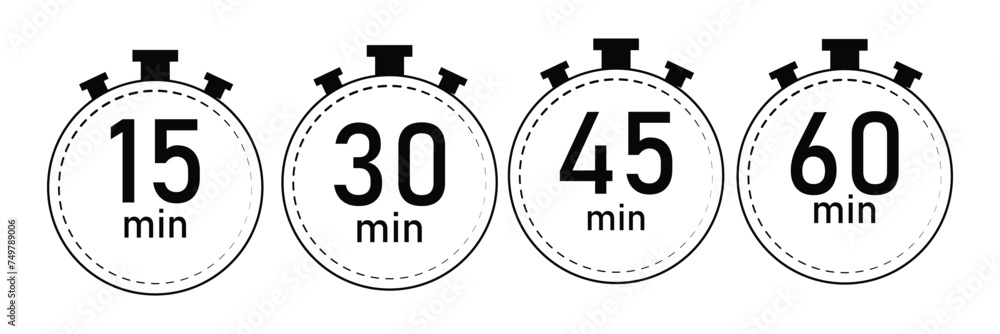 stopwatch set for every 15 minutes icon. countdown analog timer deadline Set. Clock dial with showing minute in four style can be use for app. vector illustration on white background. stopwatch set for every 15 minutes icon. countdown analog timer deadline Set. Clock dial with showing minute in four style can be use for app. vector illustration on white background.