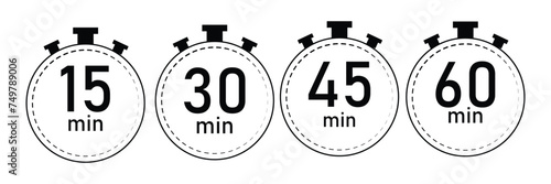 stopwatch set for every 15 minutes icon. countdown analog timer deadline Set. Clock dial with showing minute in four style can be use for app. vector illustration on white background.