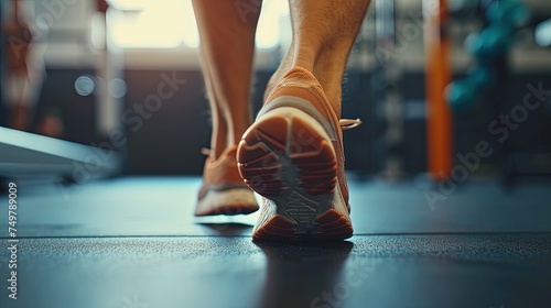 Rehabilitating his ankle after injury at the gym. Rearview shot of an unrecognizable mans ankle during a workout. Ankle rehabilitation: Building strength and mobility