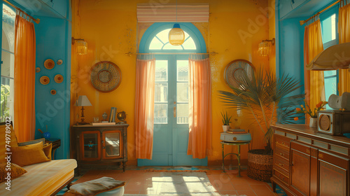 Vibrant Retro Living Room Interior with Sunlight