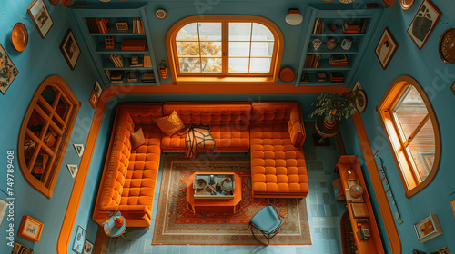 Upside Down Living Room Interior with Orange and Blue Decor