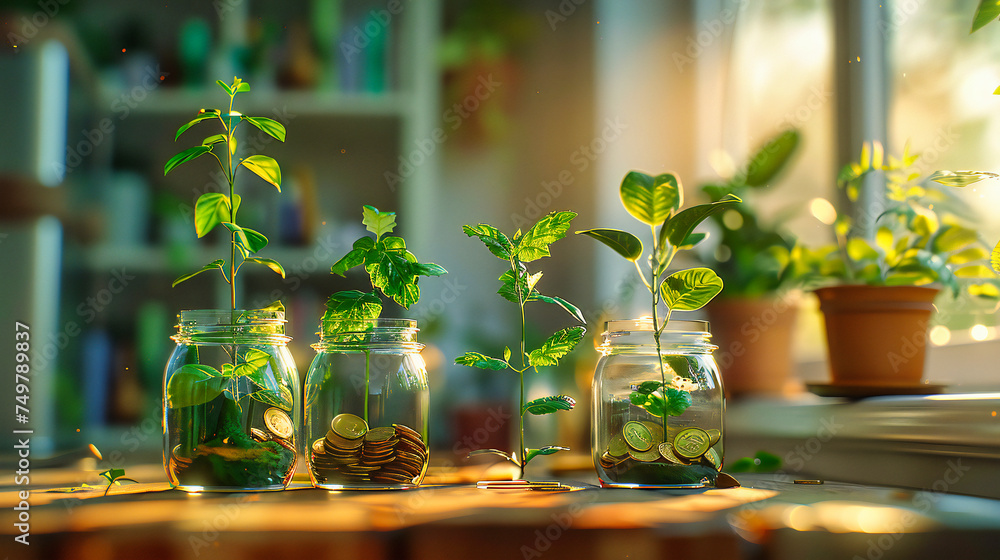 Wealthy Plant Concept: Growing Money Trees in Glass Jars Symbolizing Prosperity and Financial Growth Wealthy Plant Concept: Growing Money Trees in Glass Jars Symbolizing Prosperity and Financial Growth