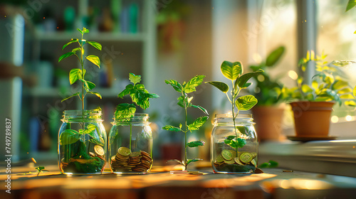 Wealthy Plant Concept: Growing Money Trees in Glass Jars Symbolizing Prosperity and Financial Growth