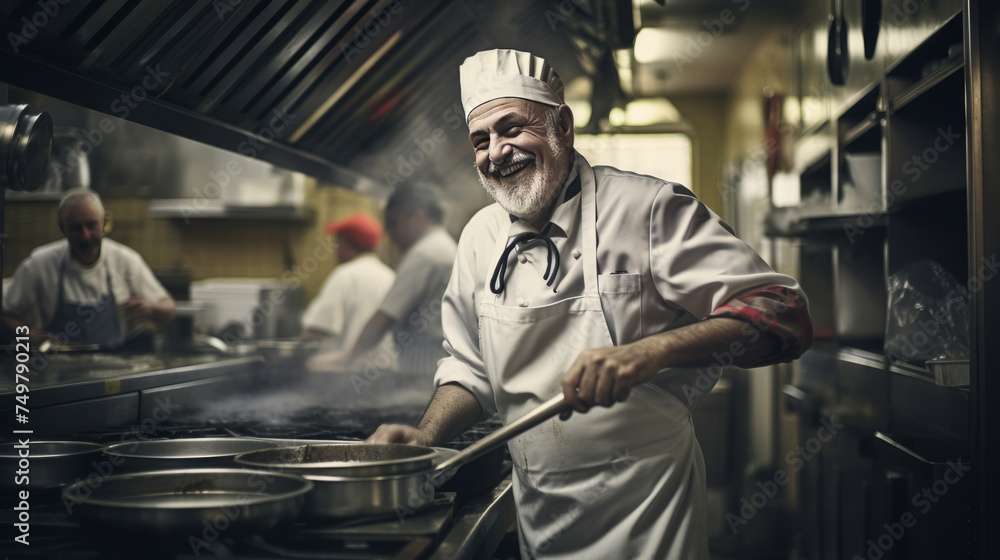 Chef in a restaurant in the kitchen. Smiling man in the kitchen dressed in chef's clothes. Cooking in a restaurant