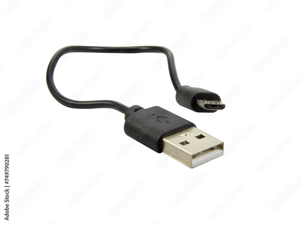 Black USB cable for charging a smartphone isolated on white background.Selection focus. Black USB cable for charging a smartphone isolated on white background.Selection focus.