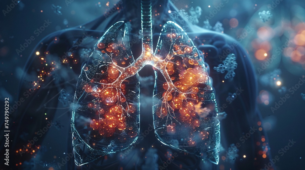 Human lungs full of futuristic and digital with text copy space - obrazy, fototapety, plakaty 