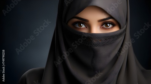 Portrait of young beautiful Muslim woman in niqab on grey background photo