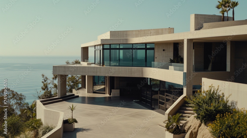 Exterior view of a large concrete and steel construction mansion house