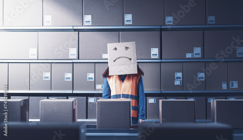 Frustrated warehouse worker with a box on her head photo