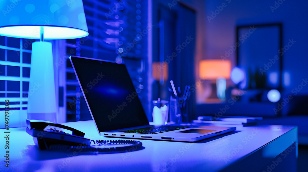 Naklejka premium Modern Workspace: Sleek Office Desk with Technology, Digital Tools, and a Creative Ambiance