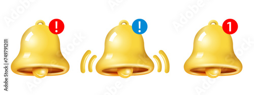 Yellow 3d style notification bell icon set isolated on white background. Realistic vector icon for social media reminder
