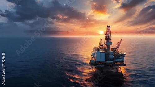 aerial view of an offshore oil rig with sunset view photo