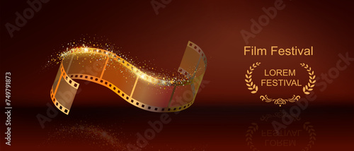 Movie cinema festival poster. Gold film strip reel
