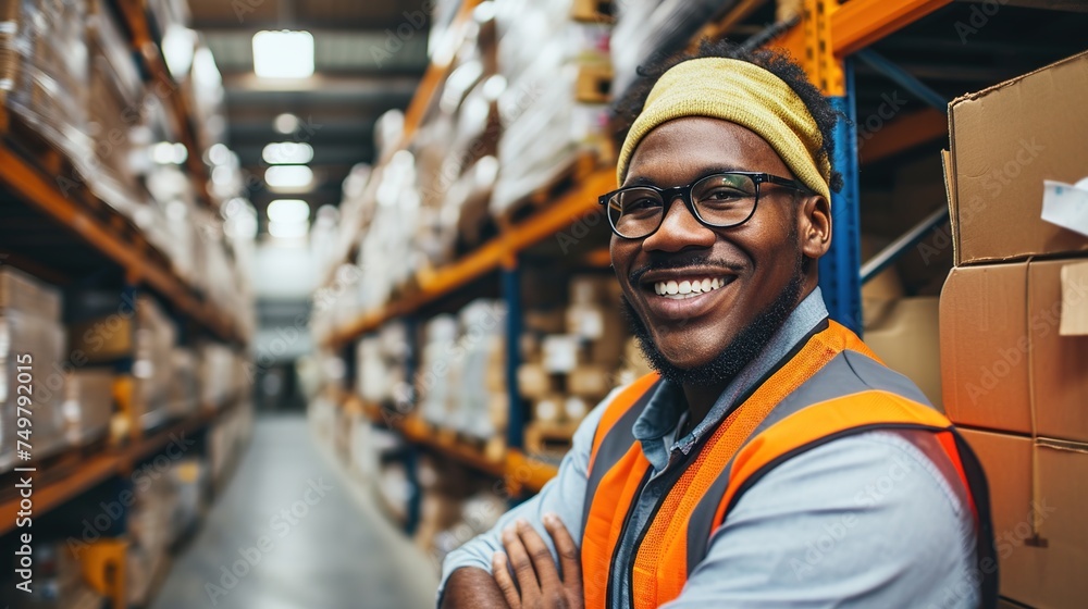 Worker and person in warehouse environment. Worker and person in warehouse environment.