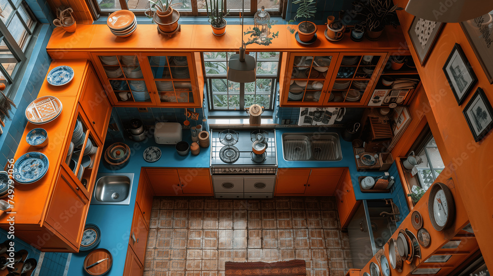 Colorful Orange and Blue Kitchen Interior from Above