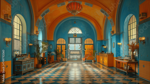 Elegant Blue and Orange Kitchen Interior with Checkerboard Floor
