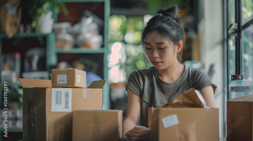 Business Start up SME concept. Young startup entrepreneur small business owner working at home, packaging and delivery situation. Women, owener of small business packing product in boxes Business Start up SME concept. Young startup entrepreneur small business owner working at home, packaging and delivery situation. Women, owener of small business packing product in boxes