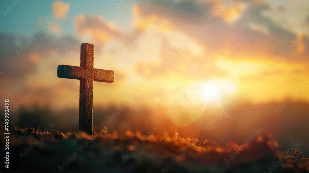 cross on blurry sunset background. Christian, Christianity, Religion copyspace background.