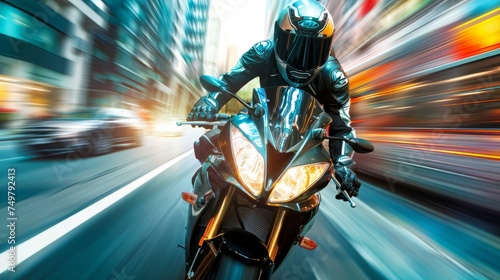 Frontal view of a motorcyclist in full gear speeding through busy city traffic, with a strong focus on the rider. © Netsai