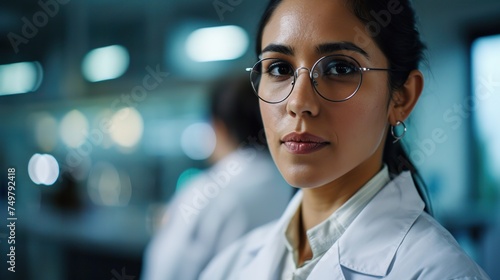 Gorgeous young scientist with glasses and a white coat.