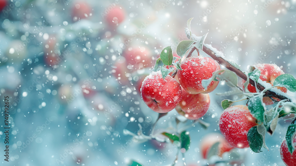 Ripe apples growing on a branch with green leaves in the snow. Winter day. Bokeh effect. AI generative