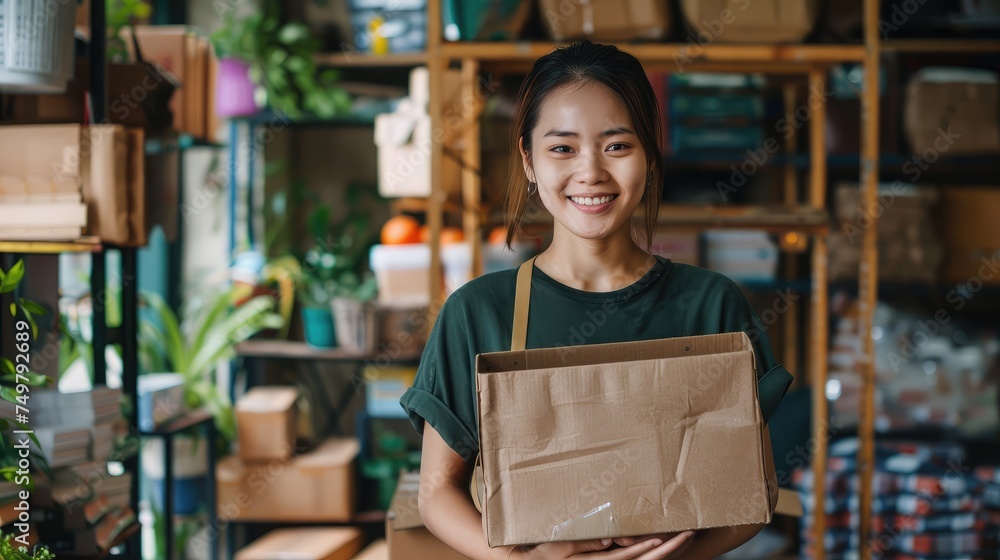 Go green use eco friendly packaging box in net zero waste store asian seller retail home office shop. Small SME owner young adult asia Gen Z people happy relax smile pride arm cross looking at camera - obrazy, fototapety, plakaty 