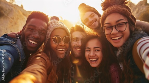 A group of diverse friends laughing and chatting together.