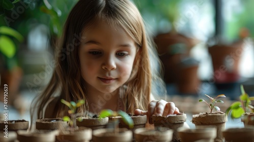 Girl planting seeds for seedlings in small recyclable peat pots, seedling container. Children learn to grow vegetables at home or in the garden.