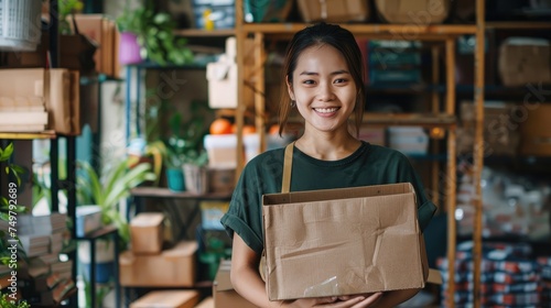 Go green use eco friendly packaging box in net zero waste store asian seller retail home office shop. Small SME owner young adult asia Gen Z people happy relax smile pride arm cross looking at camera