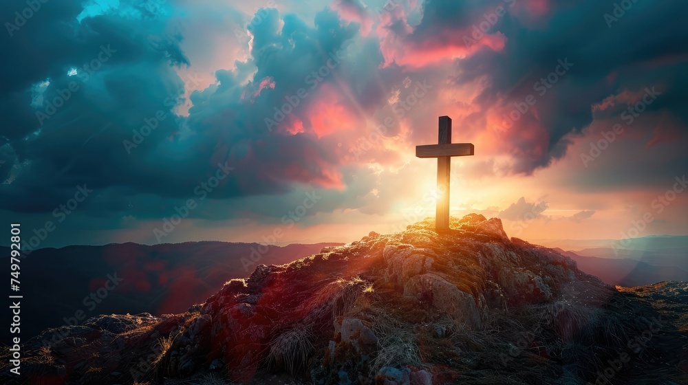 Jesus Christ cross. Easter, resurrection concept. Christian wooden cross on a background with dramatic lighting, colorful mountain sunset, dark clouds and sky, sunbeams - obrazy, fototapety, plakaty 