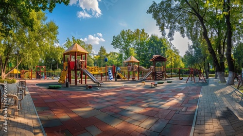 Large playground in city park, empty modern kids playground in summer. Panorama of urban area for children's games and sport. Scenic panoramic view of playing place in town. Scenery of gym outdoor. © buraratn