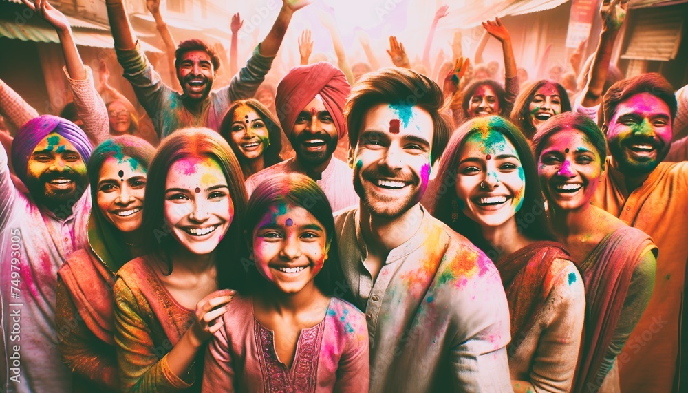 Realistic illustration of happy people celebrating holi.