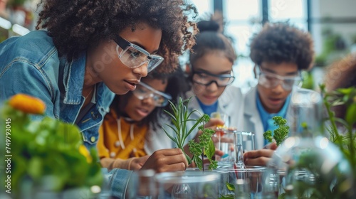 Multiethnic students analyzing plant experiment in school lab. Group of high school students in science laboratory understanding the study of roots.