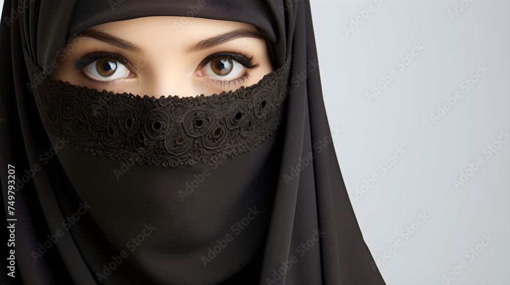 Portrait of young beautiful Muslim woman in niqab on white background Portrait of young beautiful Muslim woman in niqab on white background