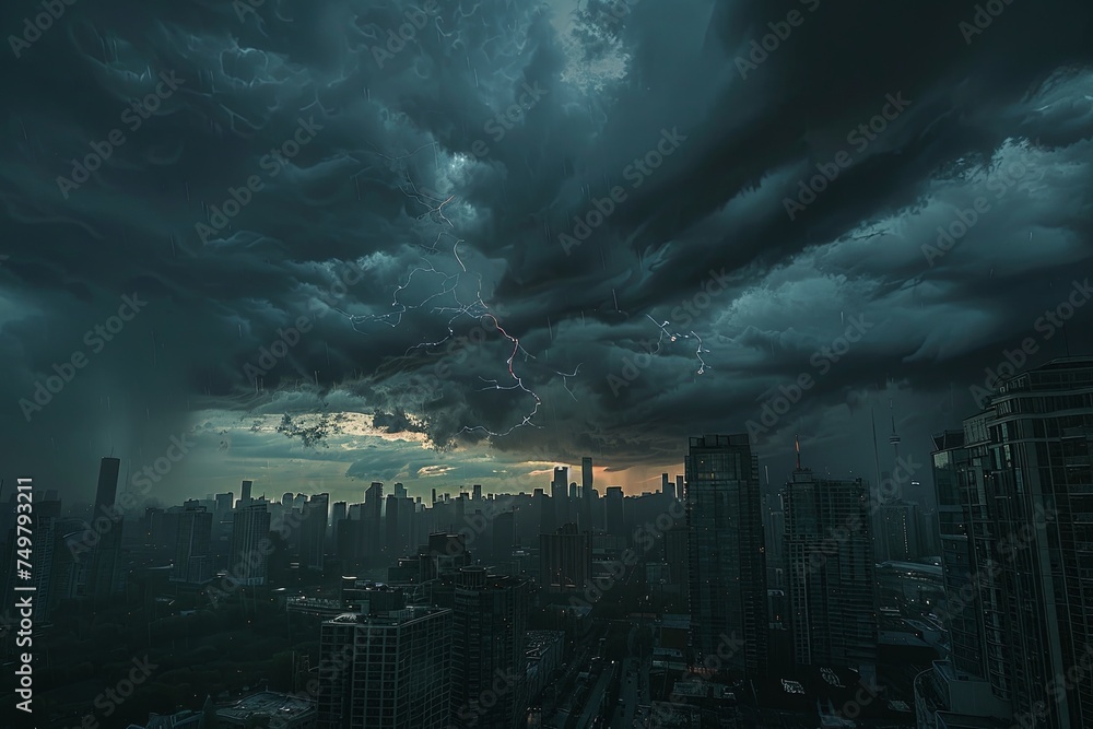 Obraz premium Dark clouds loom overhead as a storm approaches the city, bringing strong winds and heavy rain. Generative AI