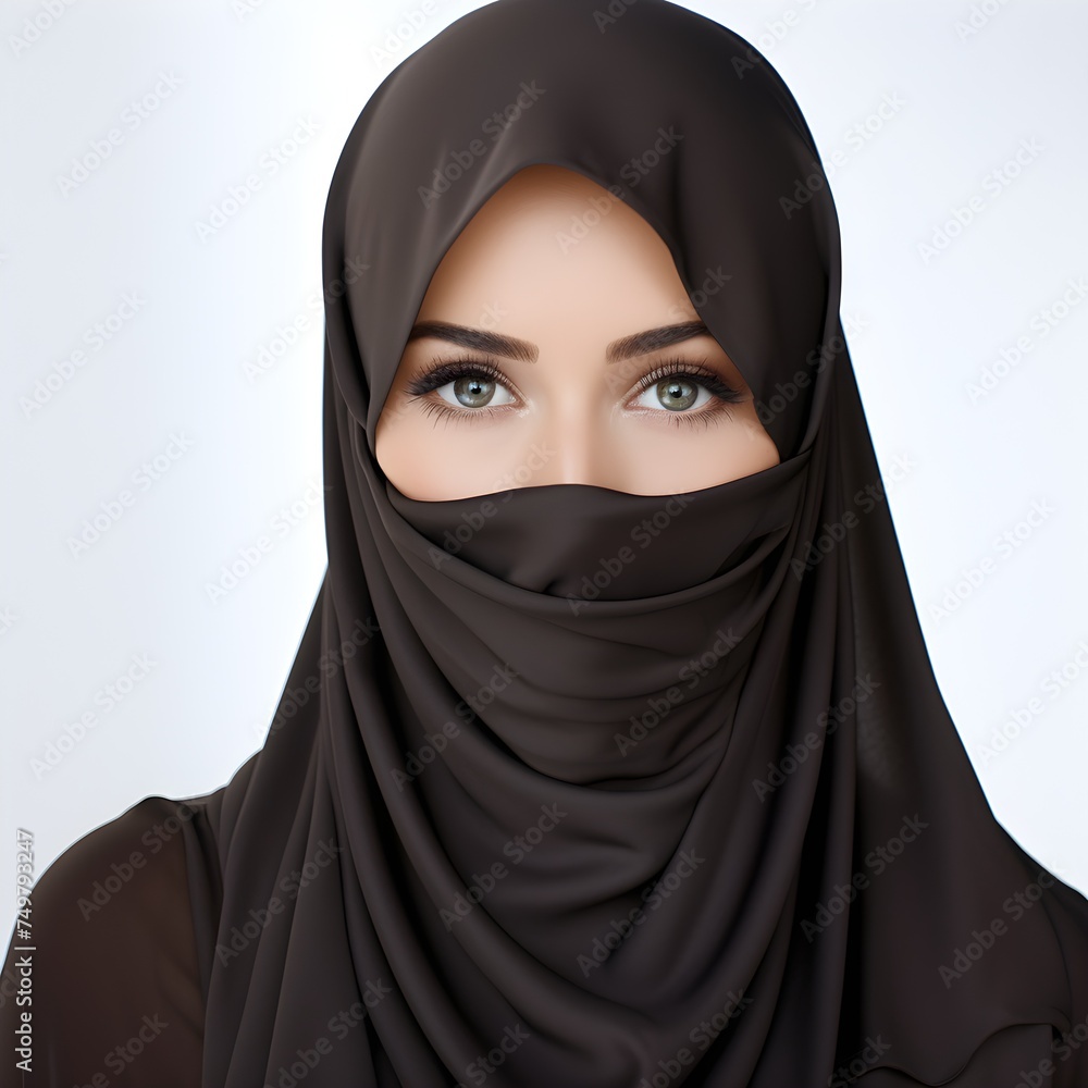 Portrait of young beautiful Muslim woman in niqab on white background Portrait of young beautiful Muslim woman in niqab on white background