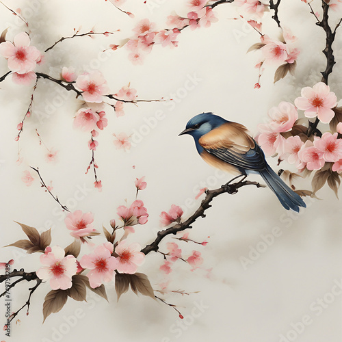 Traditional Japanese-style painting of cherry blossoms and birds.