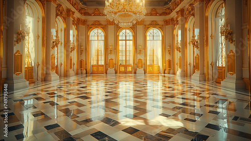 Majestic marble hall in a luxurious palace with golden ornaments and grand chandeliers photo