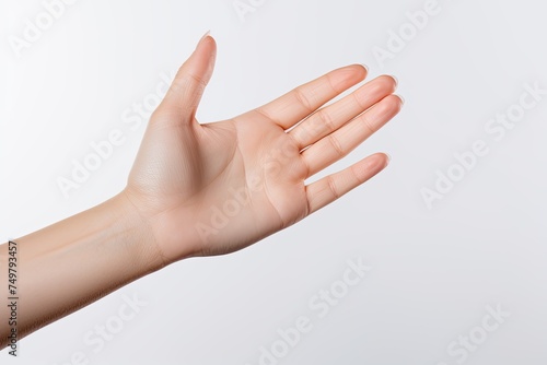 Clean and Simple: Empty Open Female Hand on White Background for Hygiene, Cosmetology, and Assistance Concepts © Web