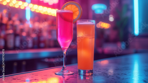 Two stylish cocktails on a bar counter with vibrant neon lighting in a trendy nightlife setting