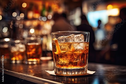 Close-up shot of an Old Fashioned Cocktail on the Rocks in a Bar Setting with Selective Focus on Icy Drink and Glass