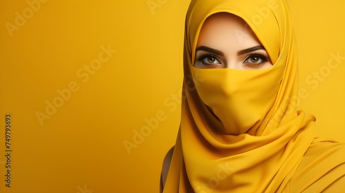 Portrait of young beautiful Muslim woman in niqab on yellow background © Canities
