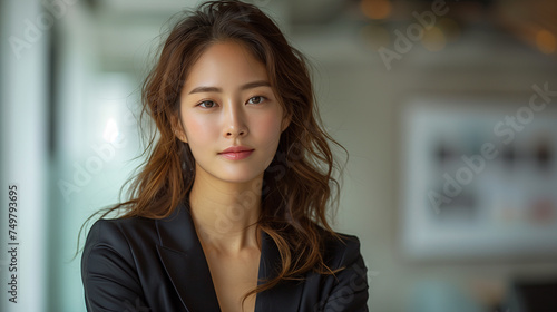 A poised young businesswoman with flowing hair wearing a stylish elegant suit, embodying confidence and professionalism on modern office background. Free Download A poised young businesswoman with flowing hair wearing a stylish elegant suit, embodying confidence and professionalism on modern office background. - GFXLoad