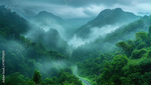 Mystical mountain layers enveloped in morning mist amidst lush tropical rainforest